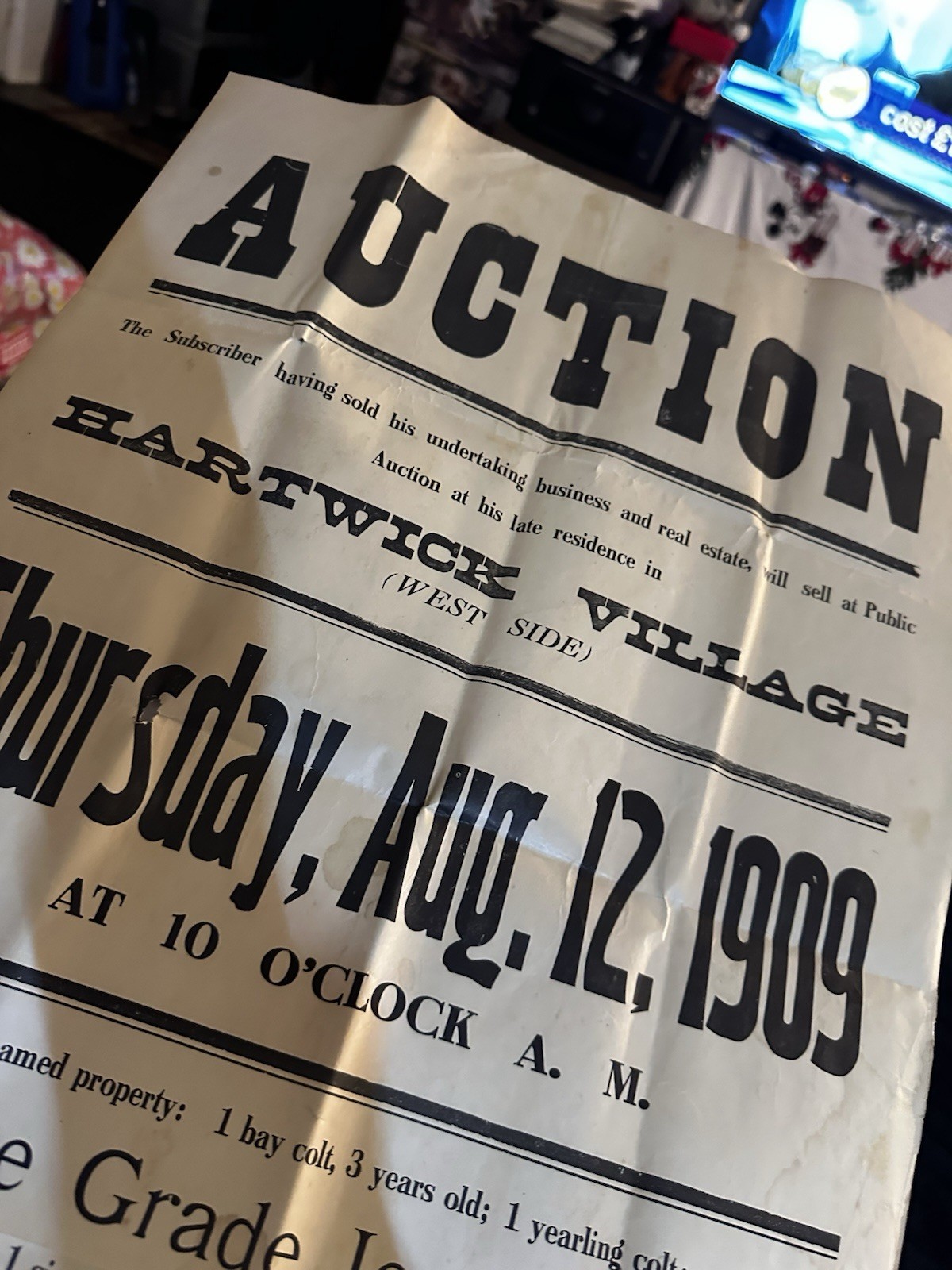 Auction Hartwick Village Public Sale 1909 Horses, Wagons, Sleigh, House Stuff