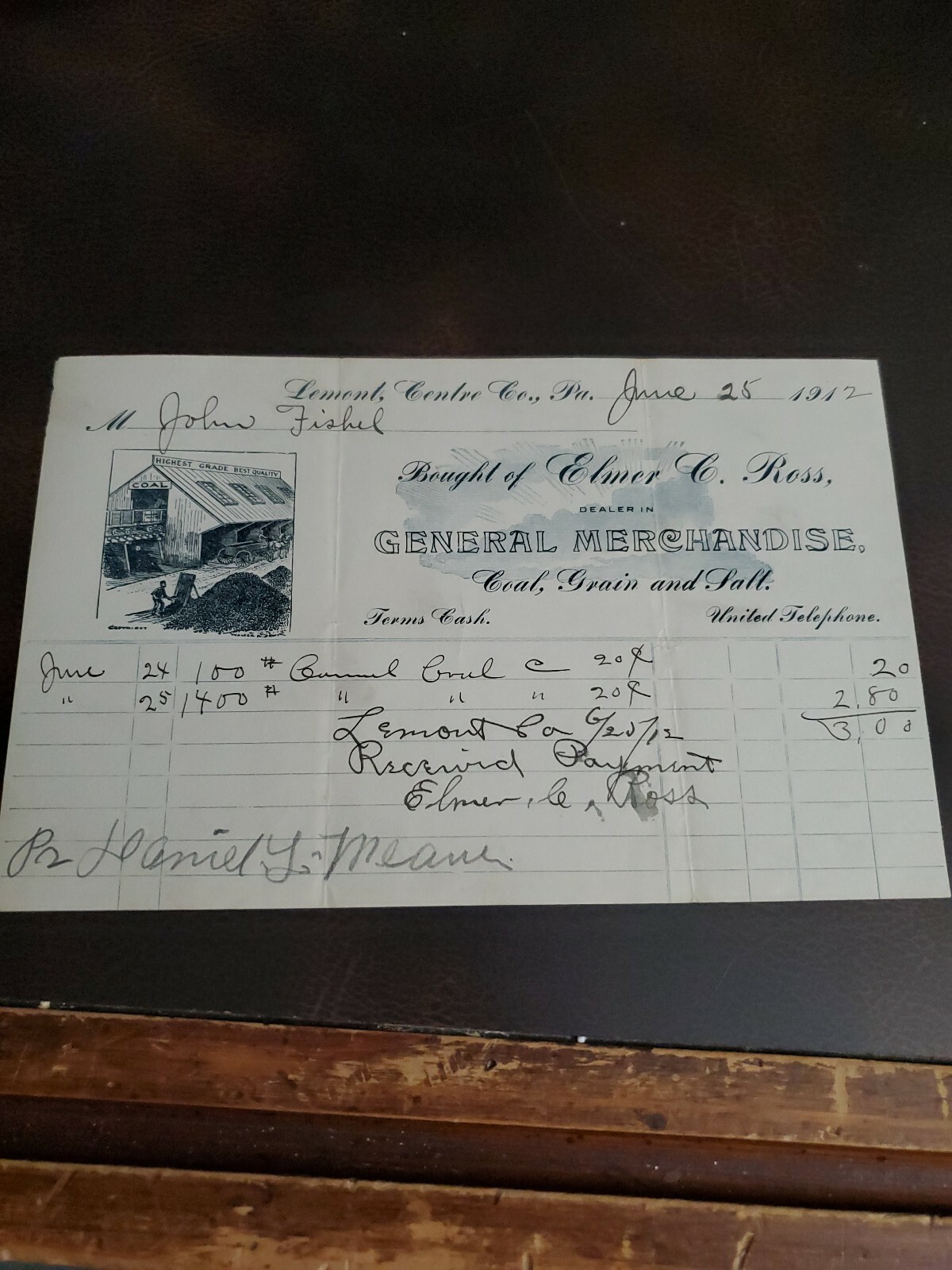 Vntg 1900s Lemont Pa Centre Co Elmer Ross General Store Recpt Coal Grain Salt