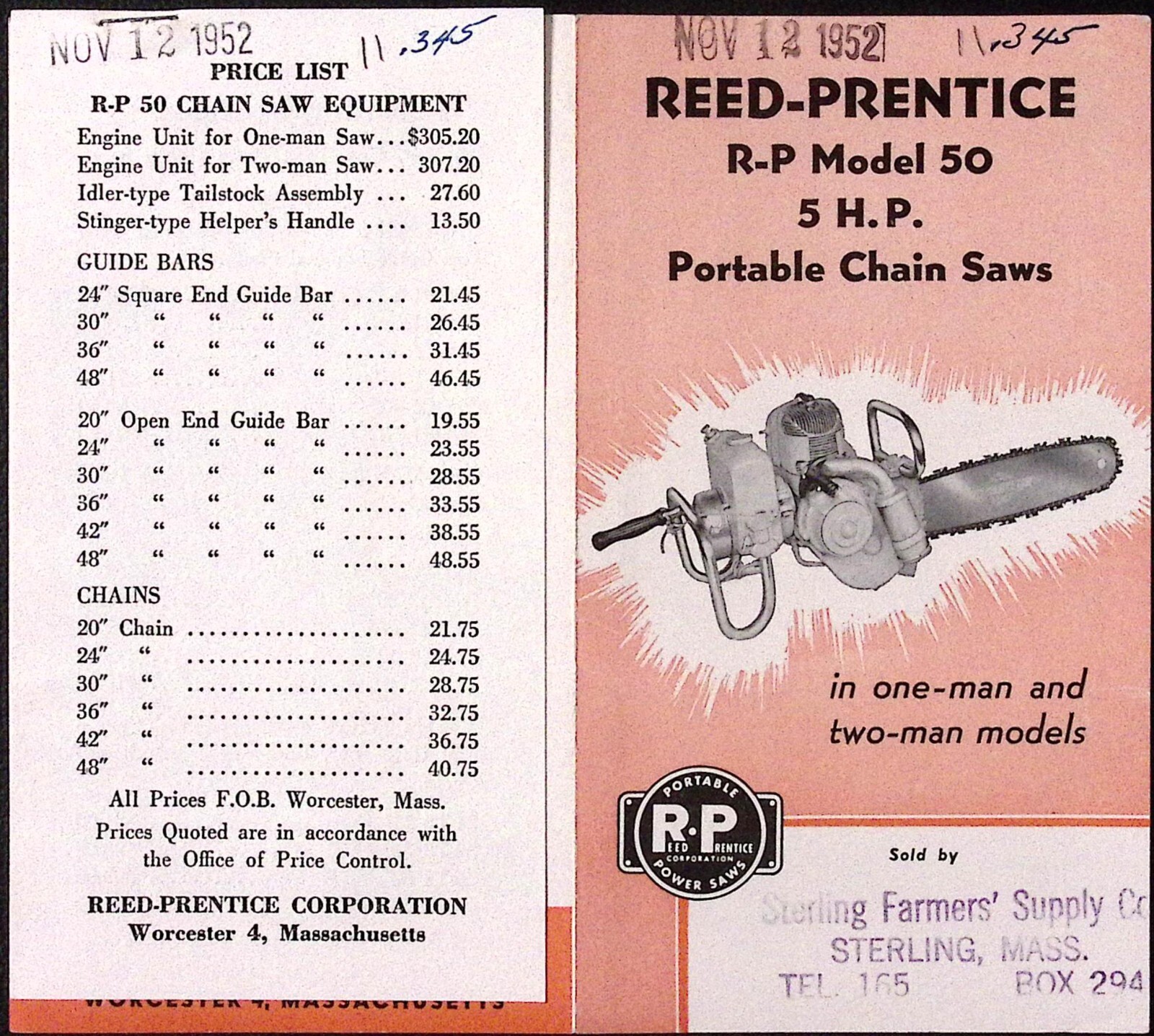 1952 Reed-Prentice R-P Model 50 5 HP Portable Chain Saws Brochure Worcester MA