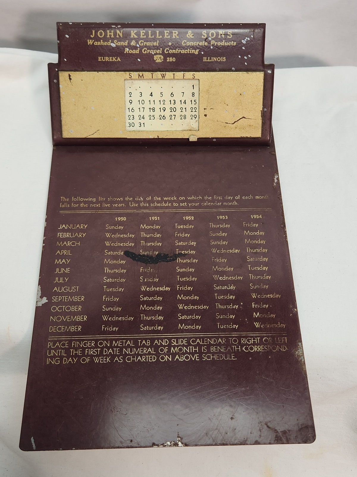 Vintage 1950 John Keller & Sons Eureka IL Perpetual Calendar Advertising Gravel