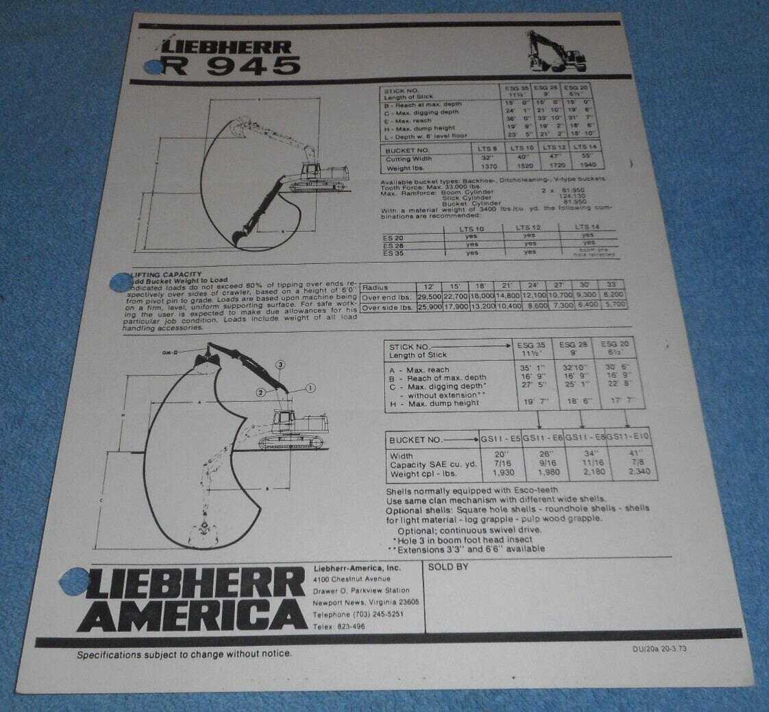 1980 Liebherr R945 Hydraulic Excavator Specifications Sheet Diagram Two Pages