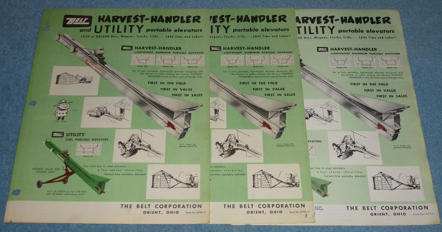 Lot of 3 Vintage Belt Corp Harvest-Handler Utility Portable Elevators Brochures