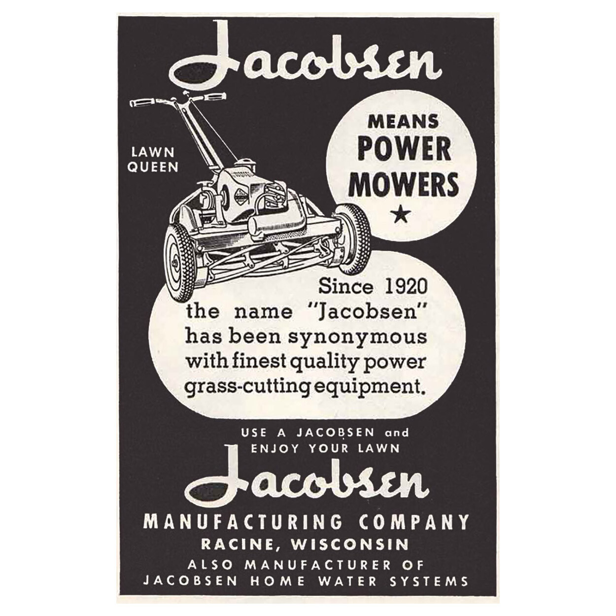 1947 Jacobsen: Lawn Queen Vintage Print Ad