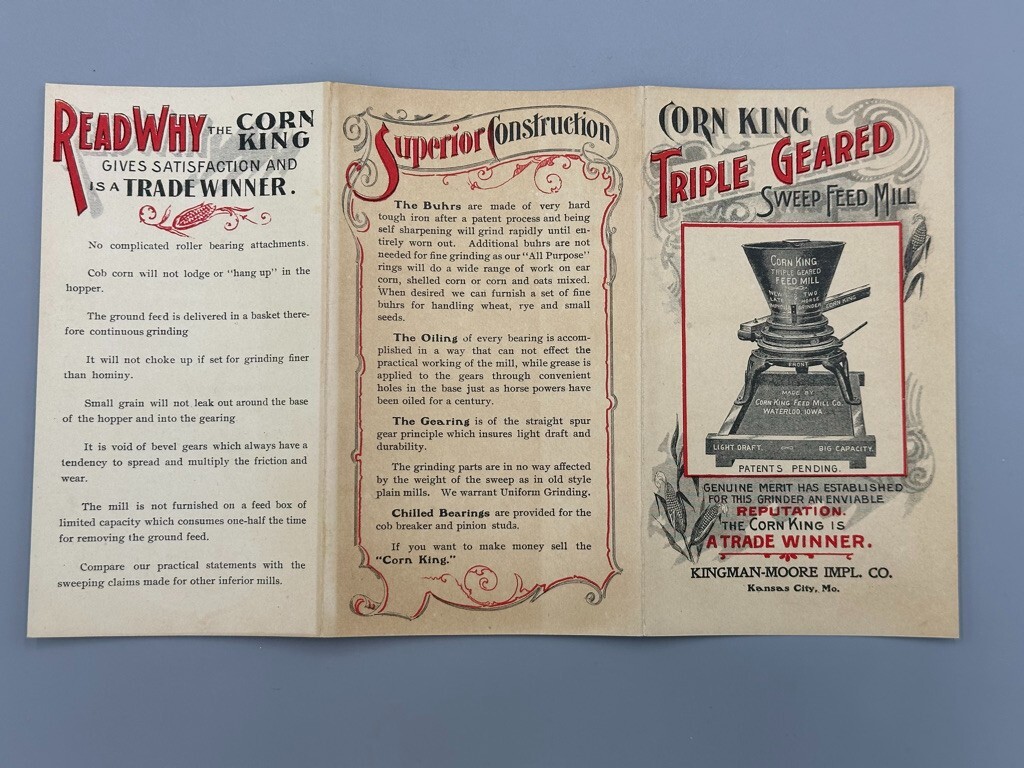 c 1900 CORN KING Grinder Mill FARM Advertising Folding Trade Card WATERLOO Iowa