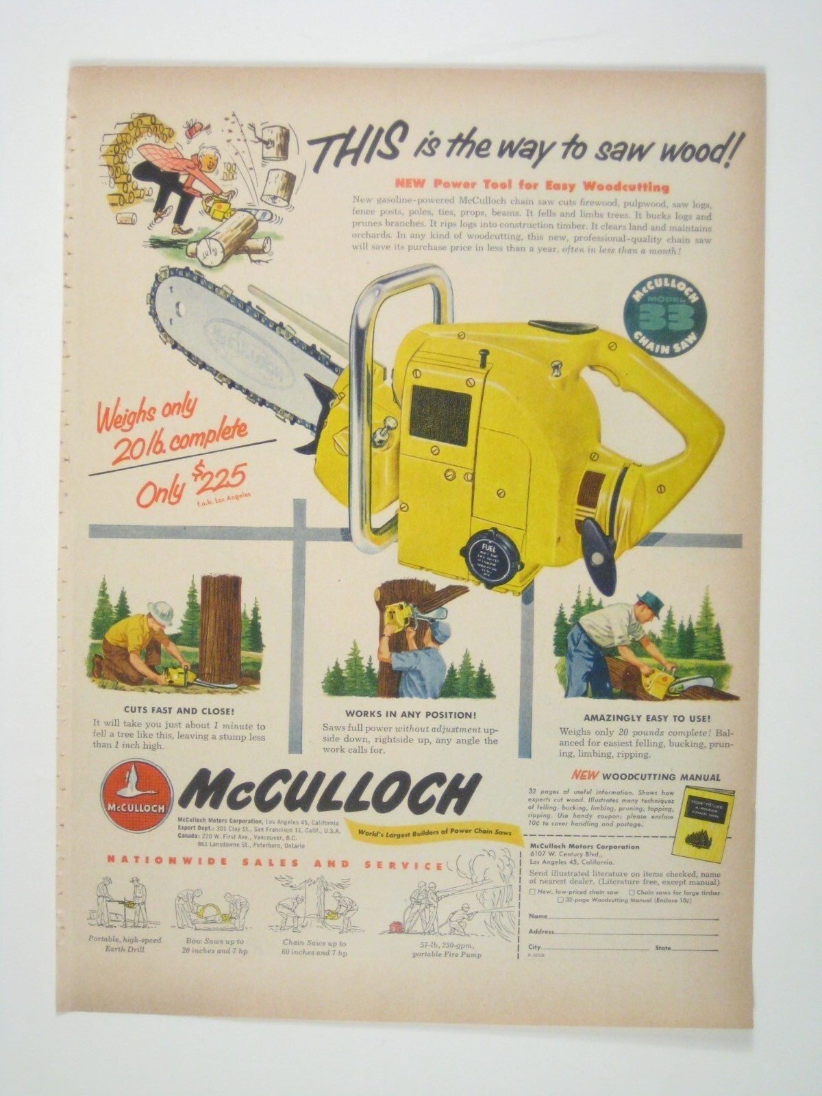 Vintage McCulloch Gasoline Chainsaw Yellow Lightweight Woodcutting Print AD 1953
