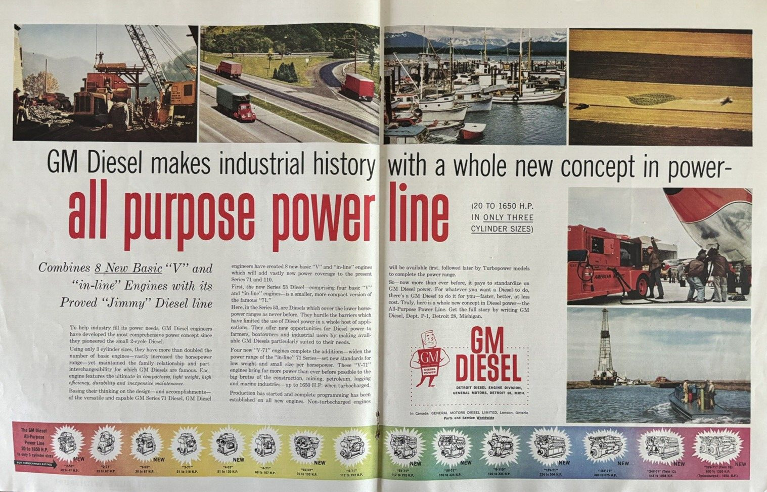 1952 GM Diesel Engine Detroit All Purpose Power Line Industrial VTG Print Ad