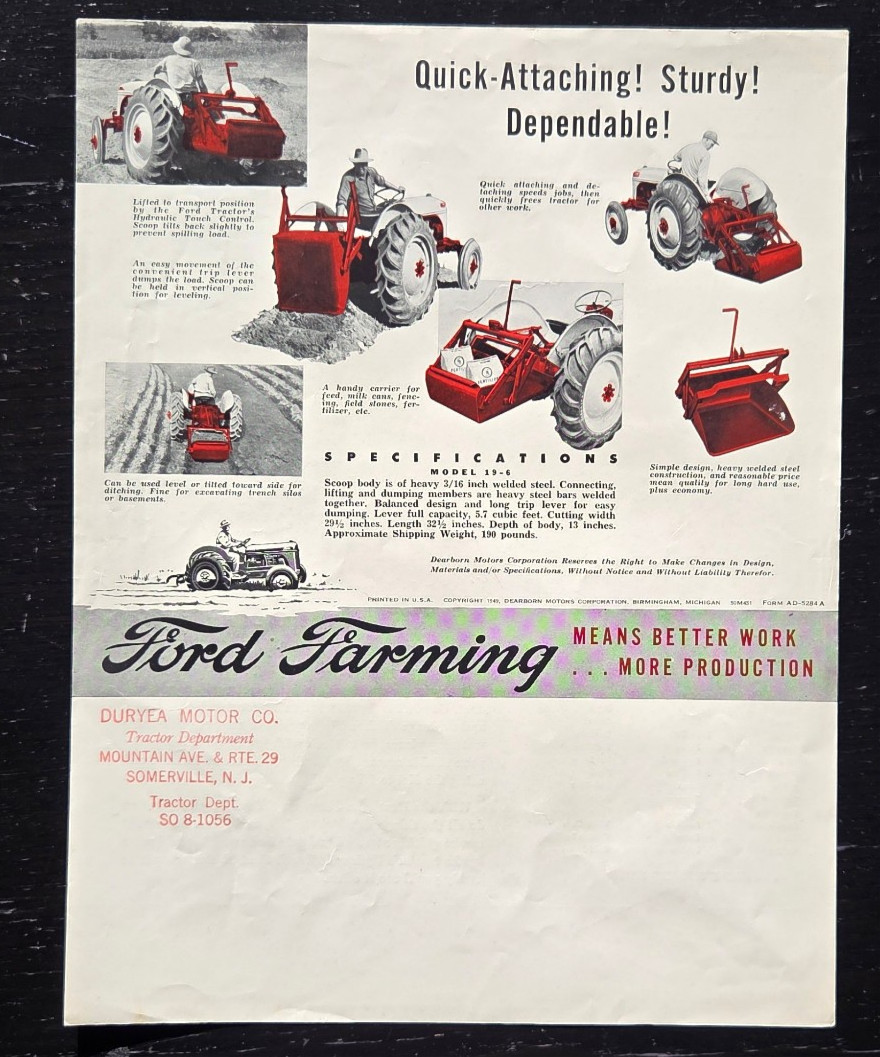 1949 FORD TRACTOR DEARBORN FARM EQUIPMENT LIFT TYPE SCOOP SALES COLOR SPEC SHEET