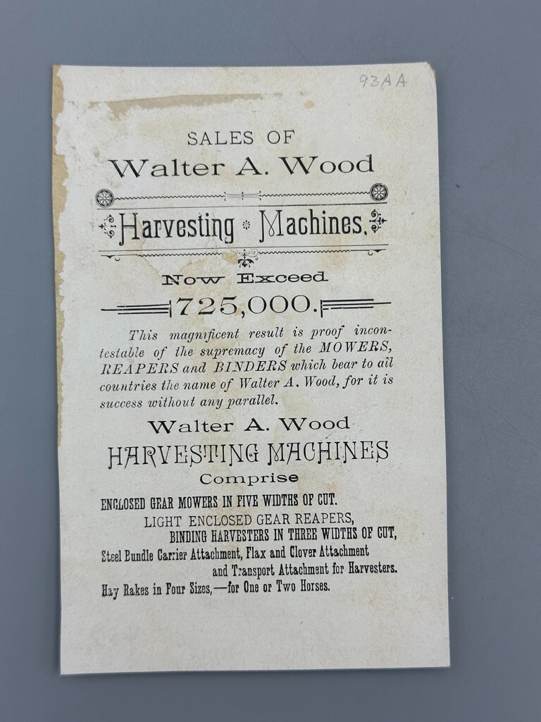 1880s HARVESTING Machinery WALTER WOOD Victorian FARM Advertising Trade Card