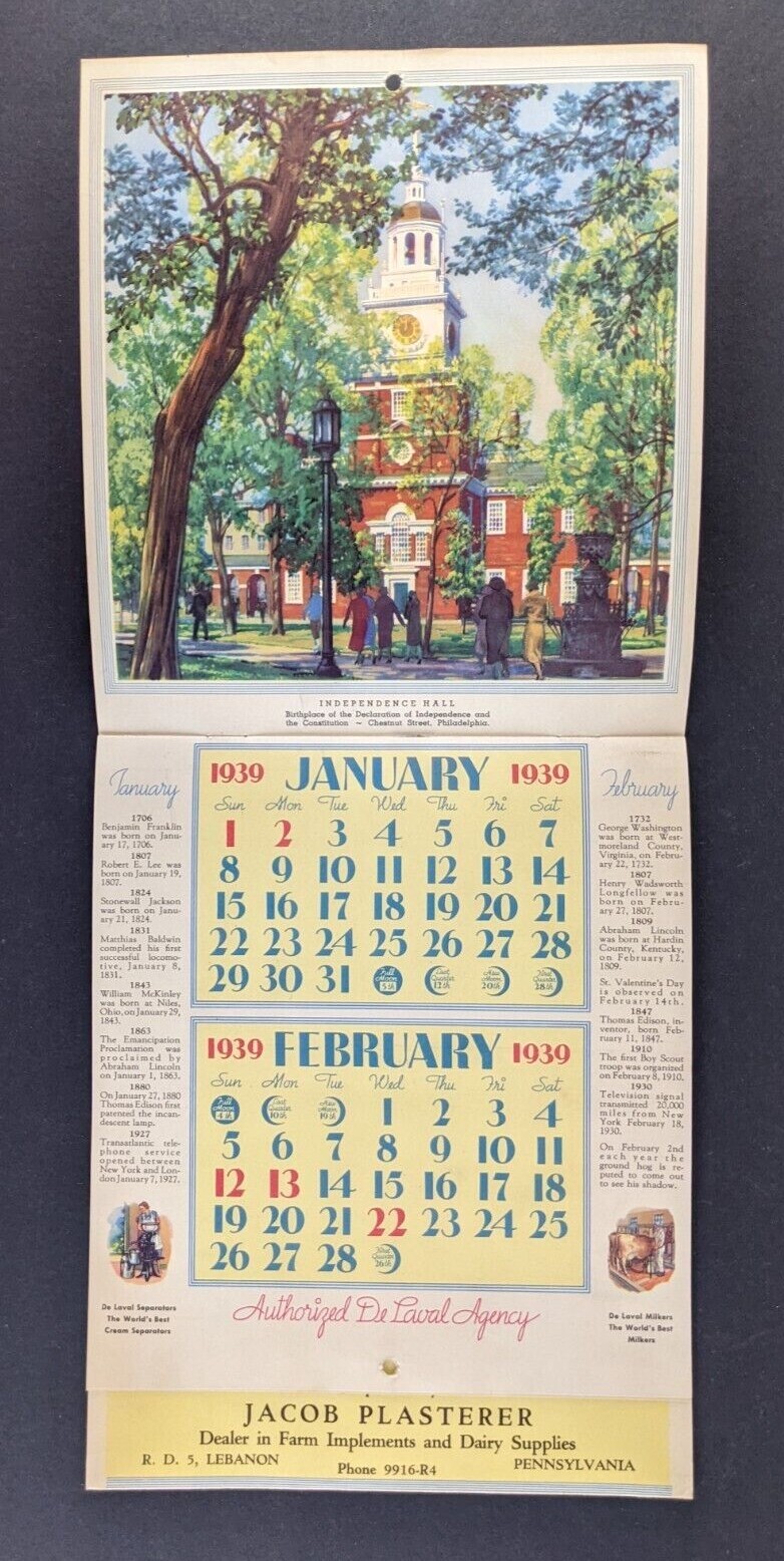 Vintage 1939 De Laval Cream Separators Graphic Calendar Lebanon PA