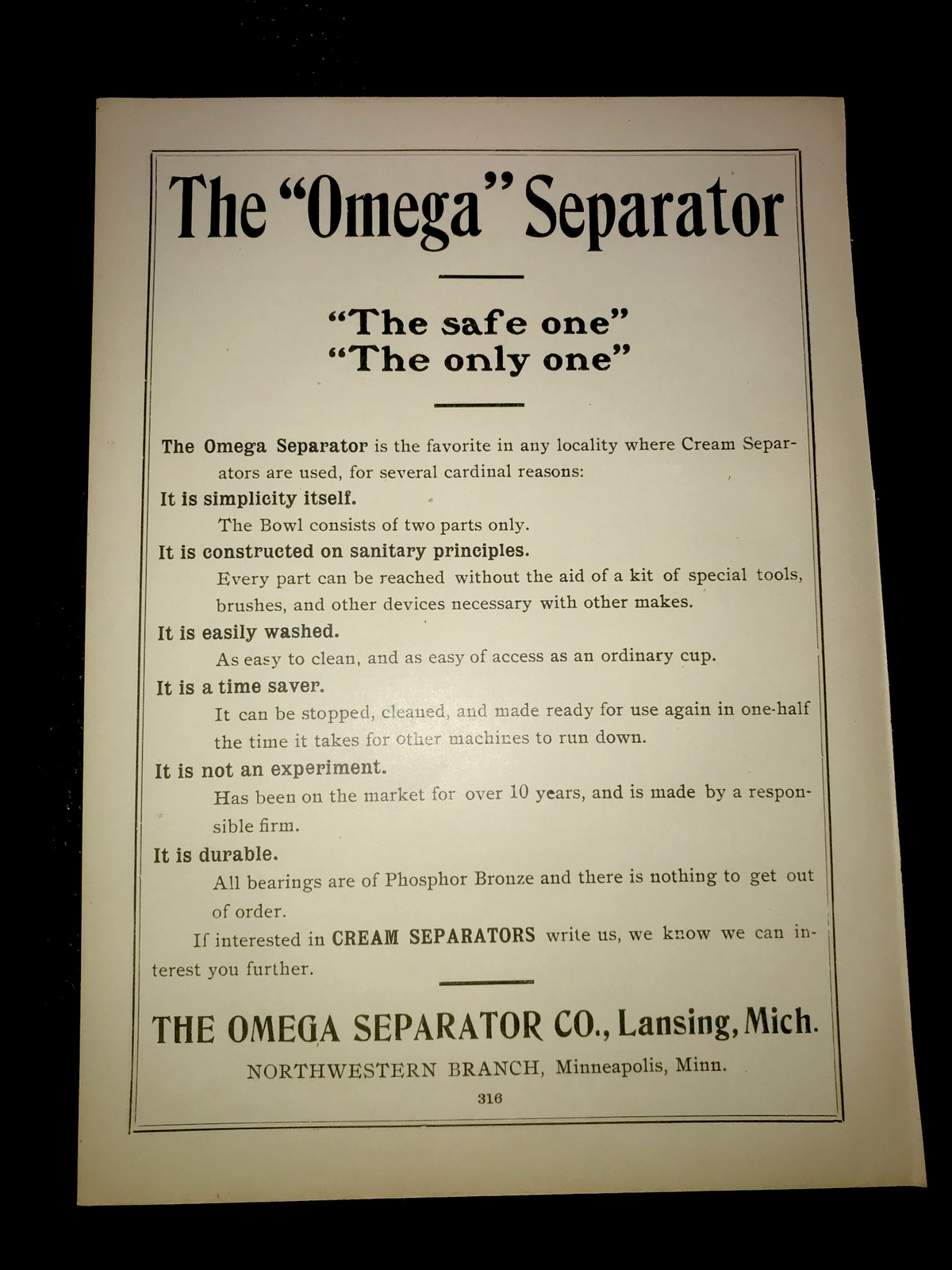 1905 Omega Separator Farm Advertising – Lansing – Michigan