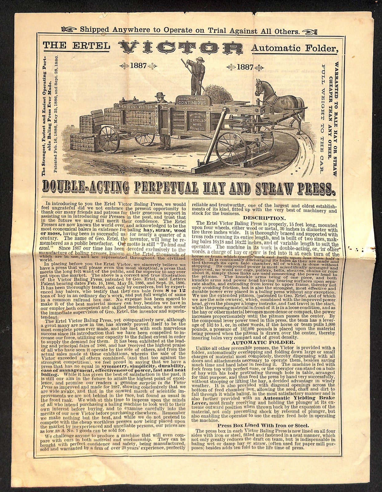 1887 Ertel « Victor » Perpetual Hay and Straw Press Single Sheet Brochure – Scarce
