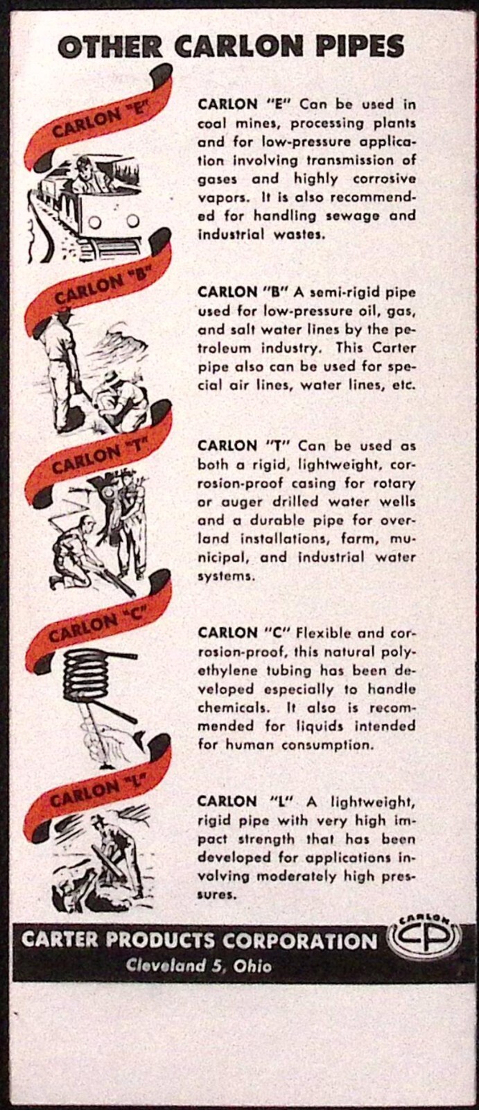 1961 Carlon EF Flexible Plastic Pipe Carter Products Corp Cleveland OH Brochure