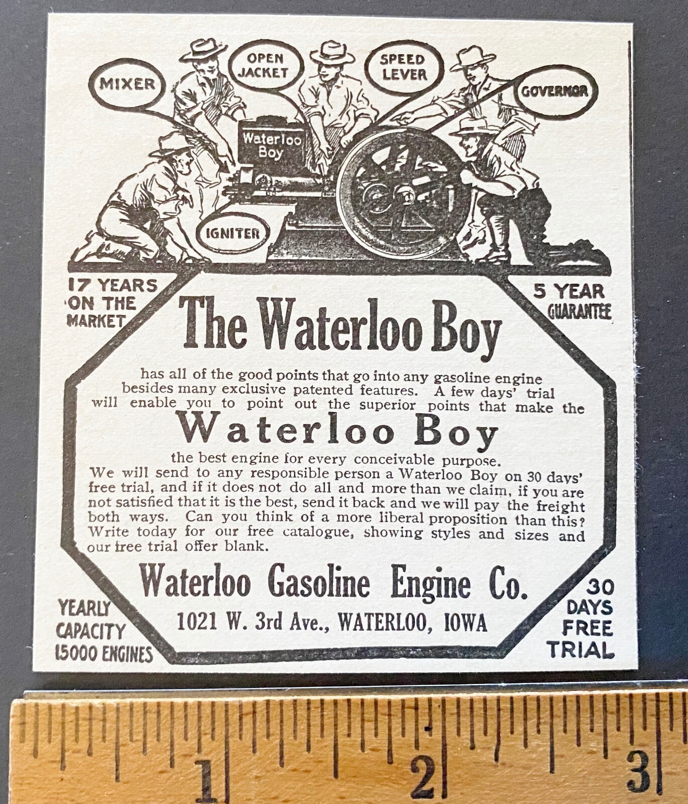 Antique 1910 WATERLOO BOY Gasoline Engine Company Vtg Print Ad~Iowa Farmers Men