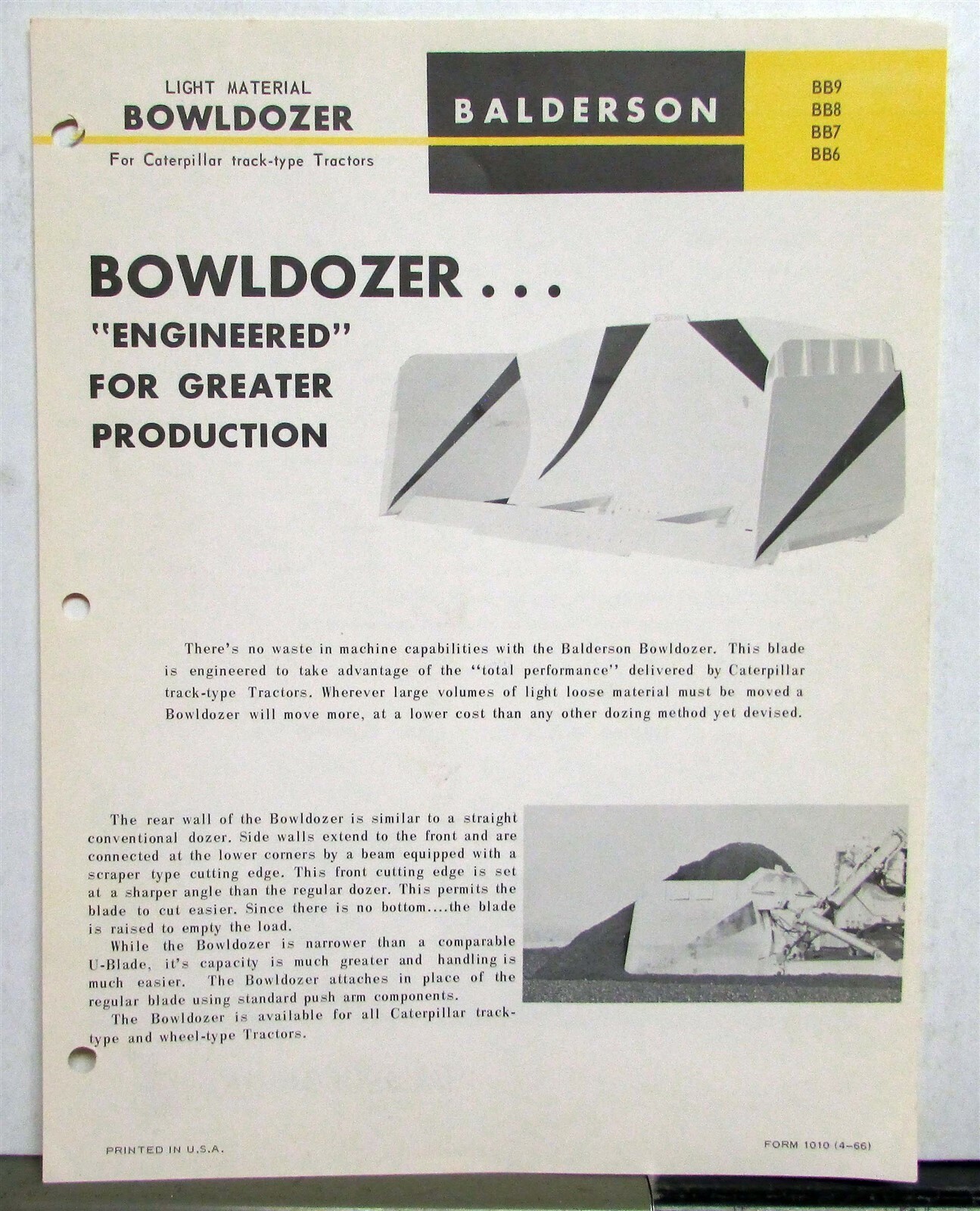 1966 Balderson Light Material Bowldozer BB 9 8 7 6 Construction Sales Data Sheet