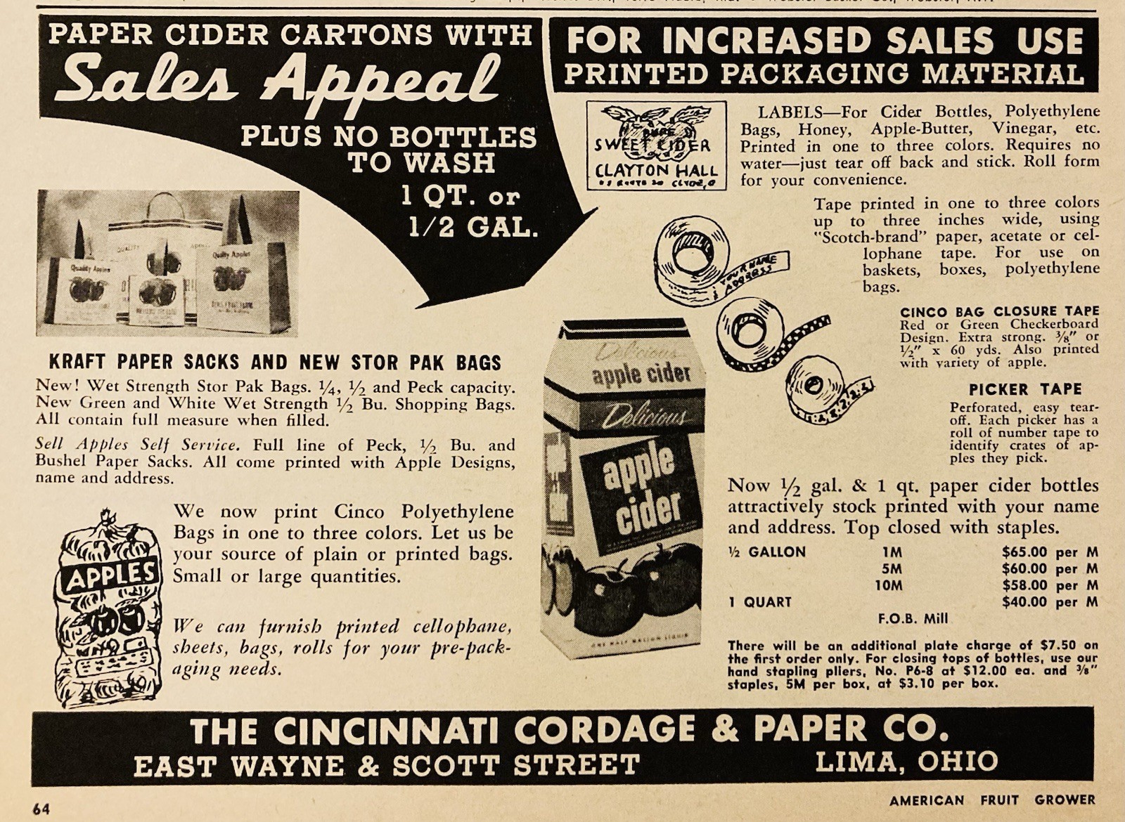 1959 AD.(PC10)~CINCINNATI CORDAGE PAPER CO. LIMA, OHIO. APPLE CIDER CARTONS
