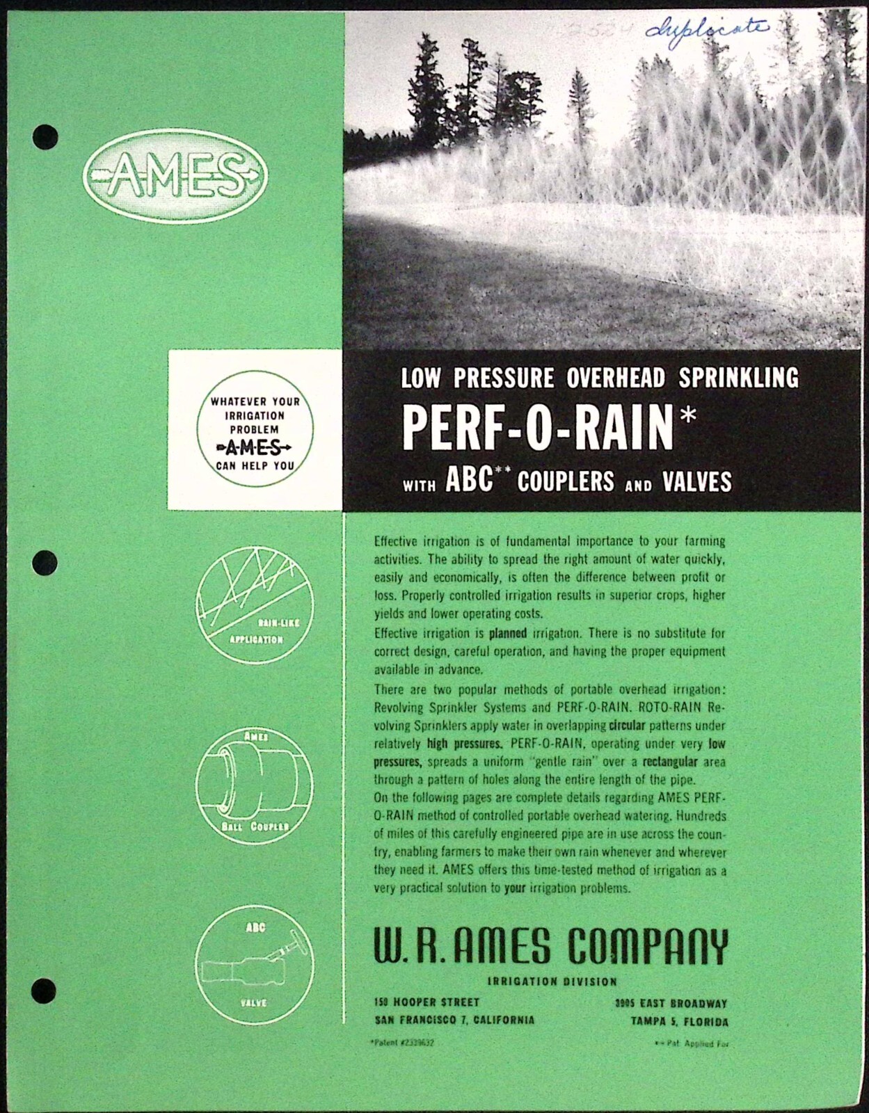 1950s W.A. Ames Co Overhead Sprinkling Perf O Rain Couplers Valves Brochure