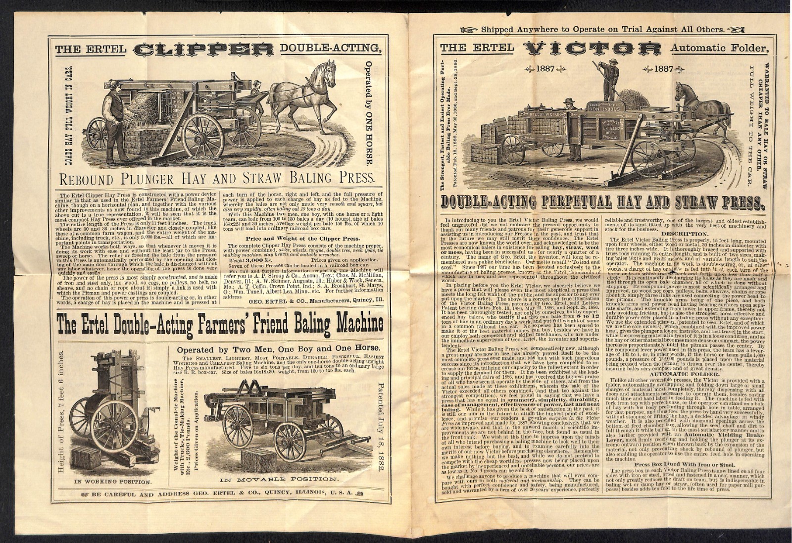 1887 Ertel « Victor » Perpetual Hay and Straw Press Single Sheet Brochure – Scarce