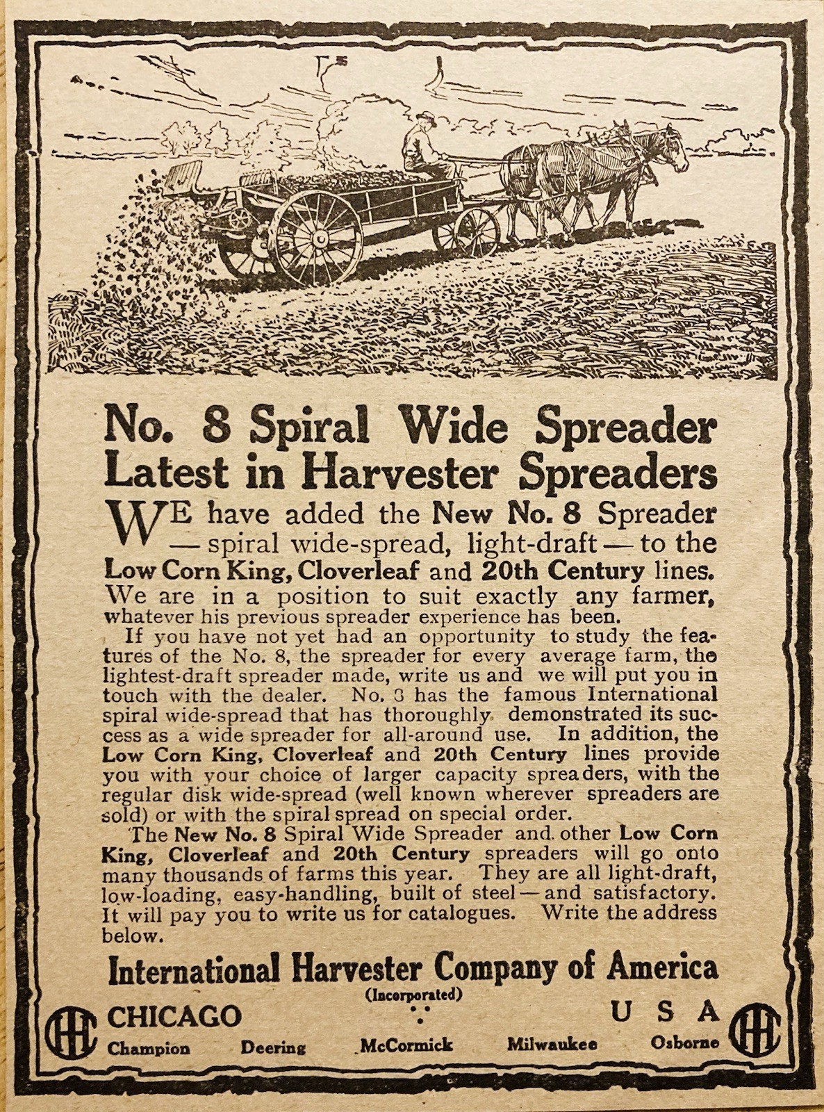 1918 AD.(XH85)~INTERNATIONAL HARVESTER CO. CHICAGO. NO.8 SPIRAL WIDE SPREADER