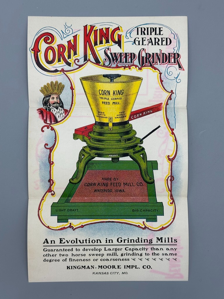 c 1900 CORN KING Grinder Mill FARM Advertising Folding Trade Card WATERLOO Iowa