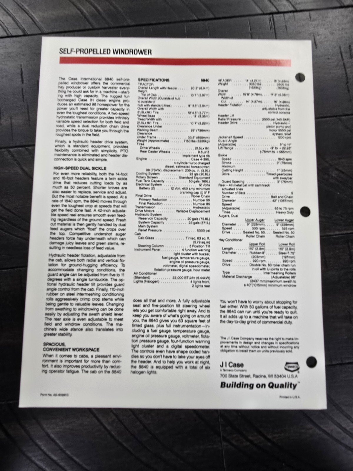 1990s 8840 Self Propelled Windrower Spec Sheet Case IH International Harvester