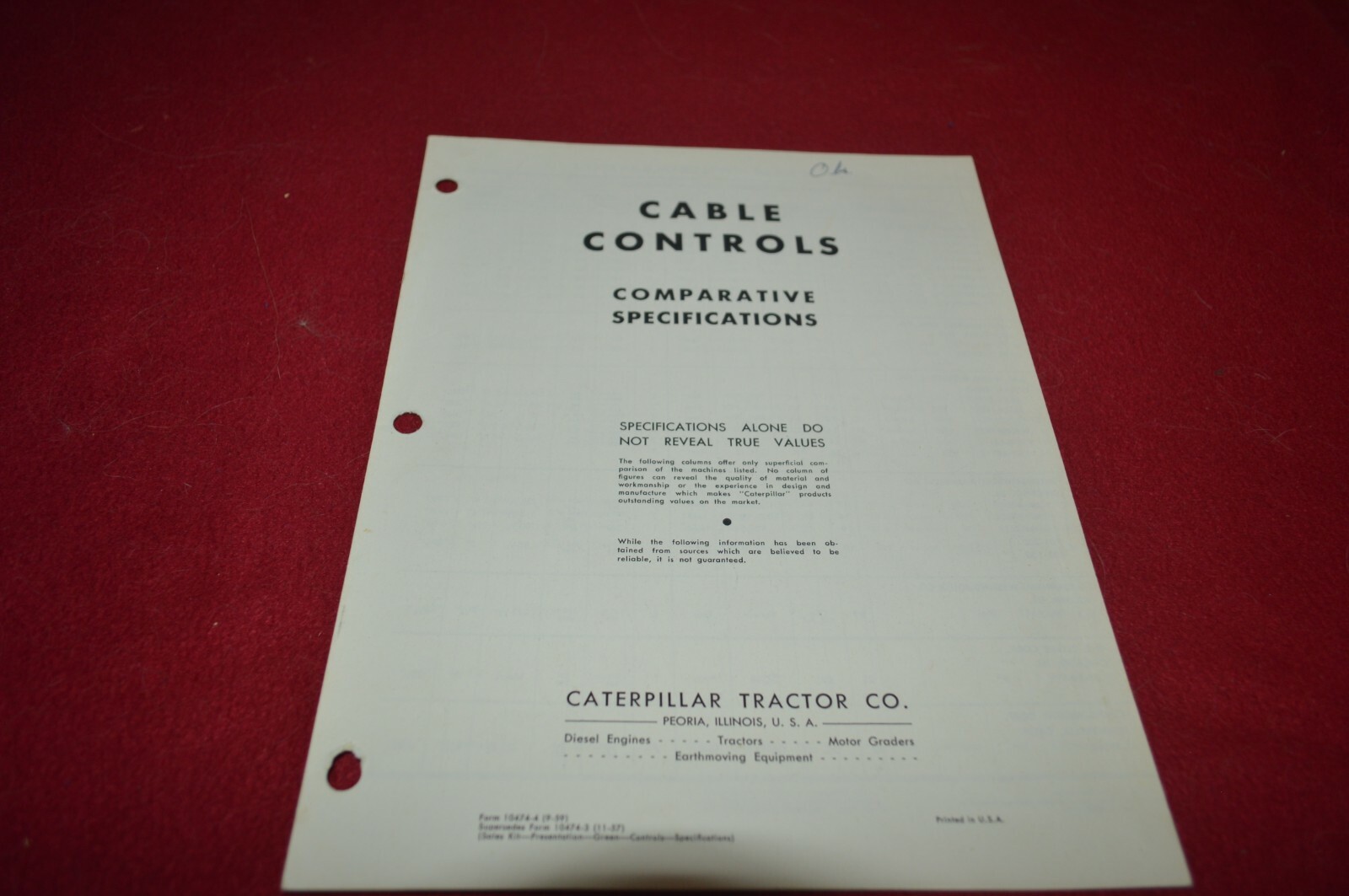 Caterpillar Cable Controls Comparative Specs For 1959 Dealer&rsquo;s Brochure AMIL16