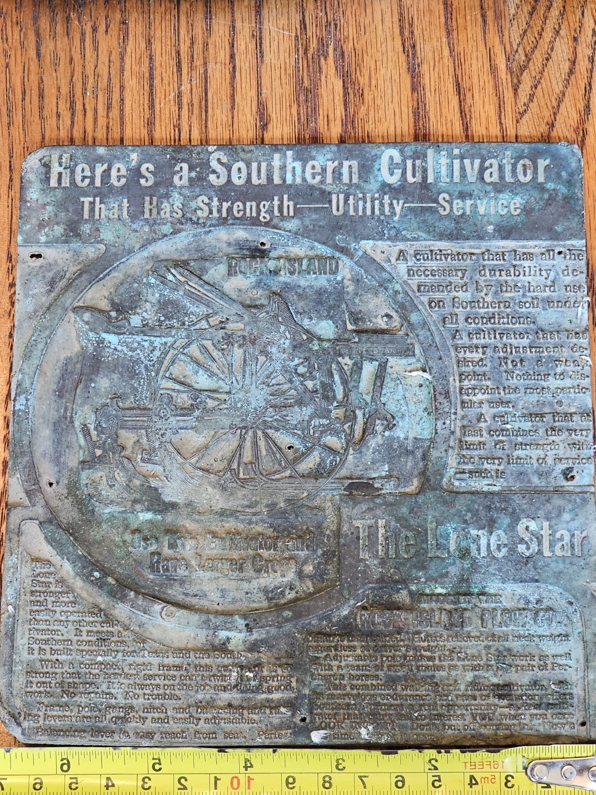 c1912 Rock Island Plow Lone Star Texas Cultivator Printer Block 6 1/2 X 7 Copper