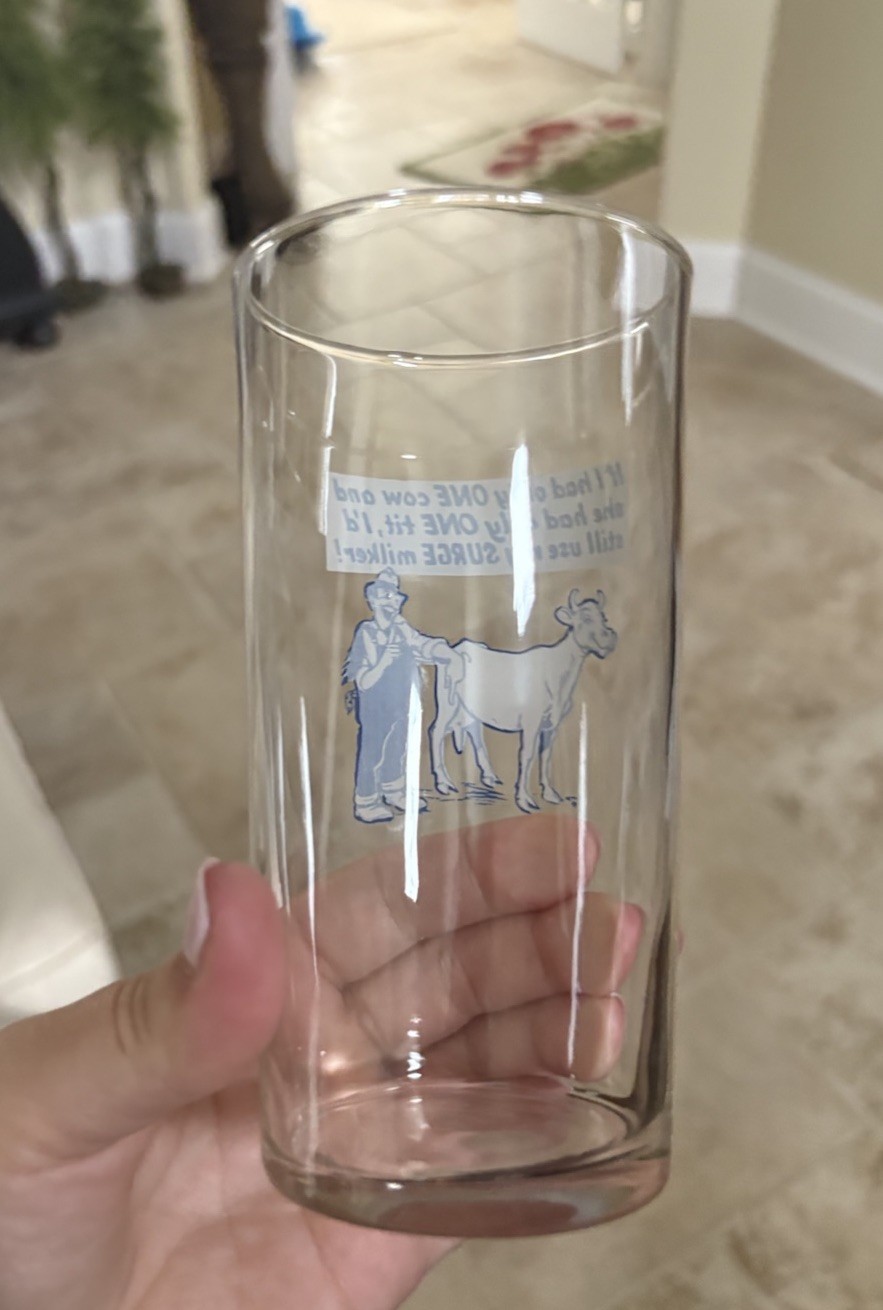 Vintage Surge Milker Dairy Advertising Drinking Glass Farmer Cow One Tit Slogan