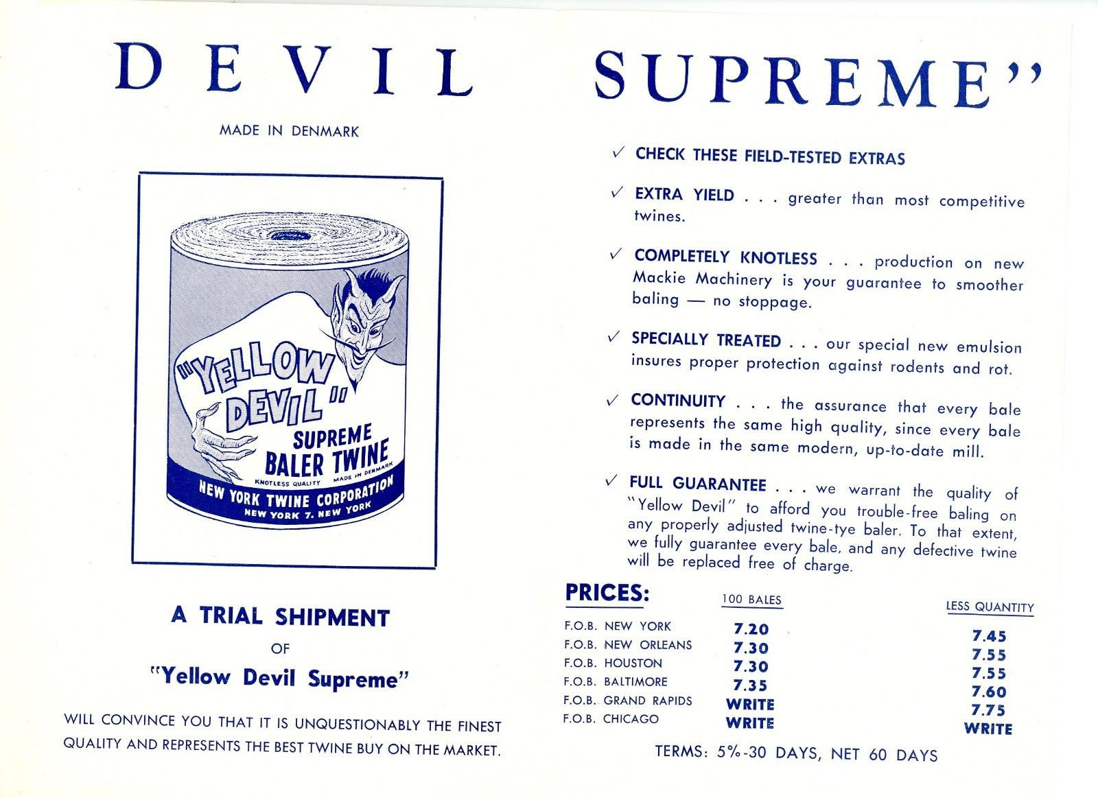 Yellow Devil Supreme Baler twine 1954-55 sales brochure New York Twine Corp