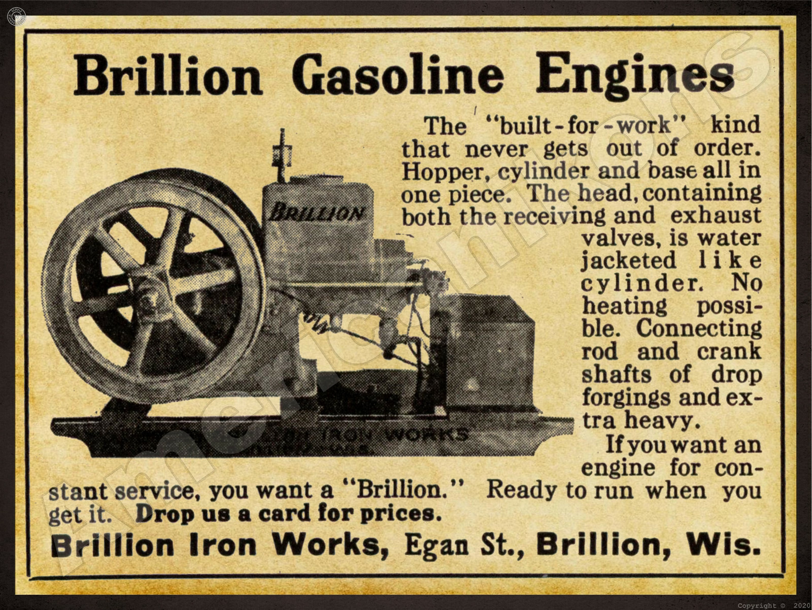 1912 Brillion Iron Works New Metal Sign: Gasoline Engines – Brillion, Wisconsin