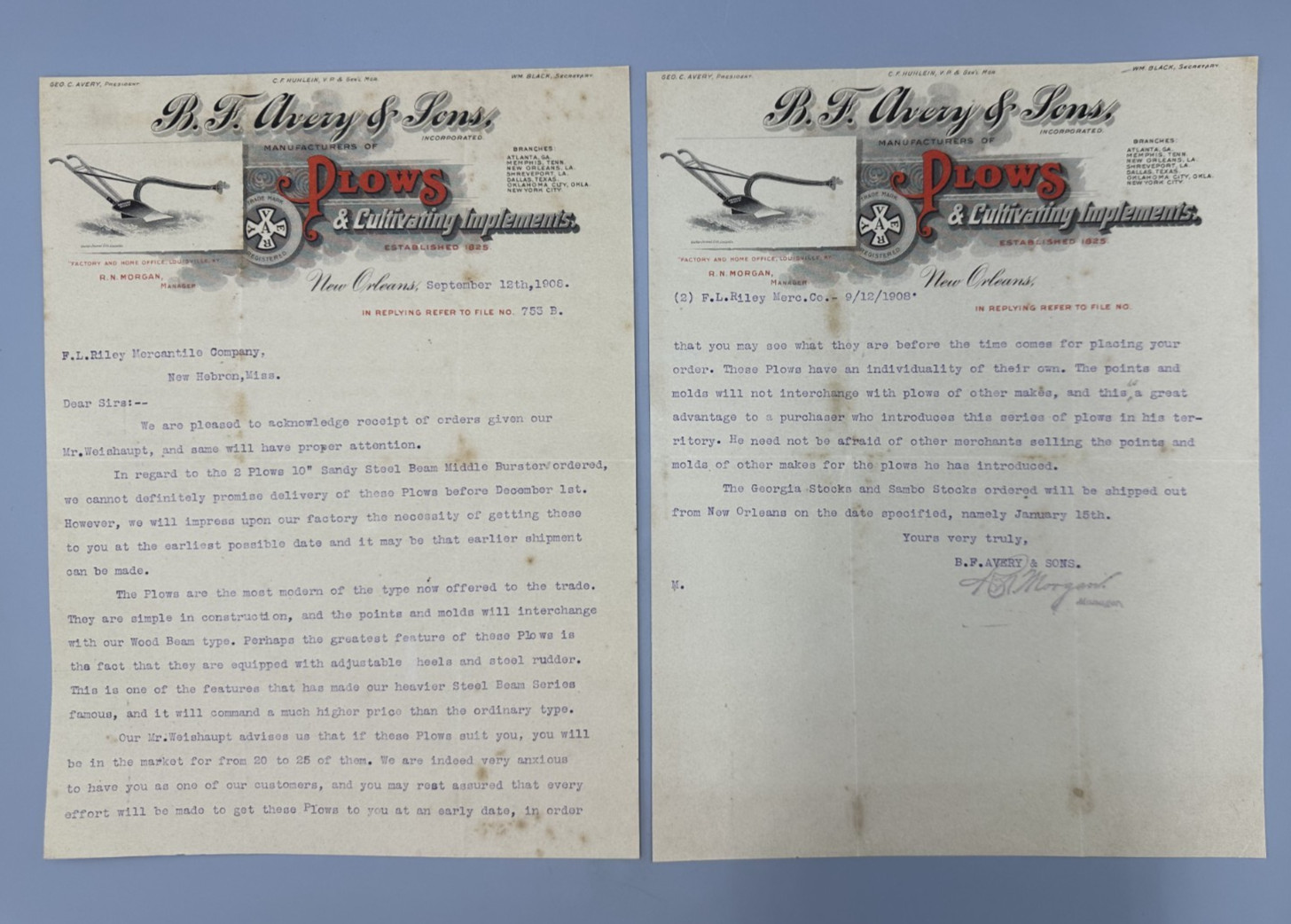 1908 B F AVERY & Sons PLOWS Letter FARM Advertising NEW ORLEANS 2-Page