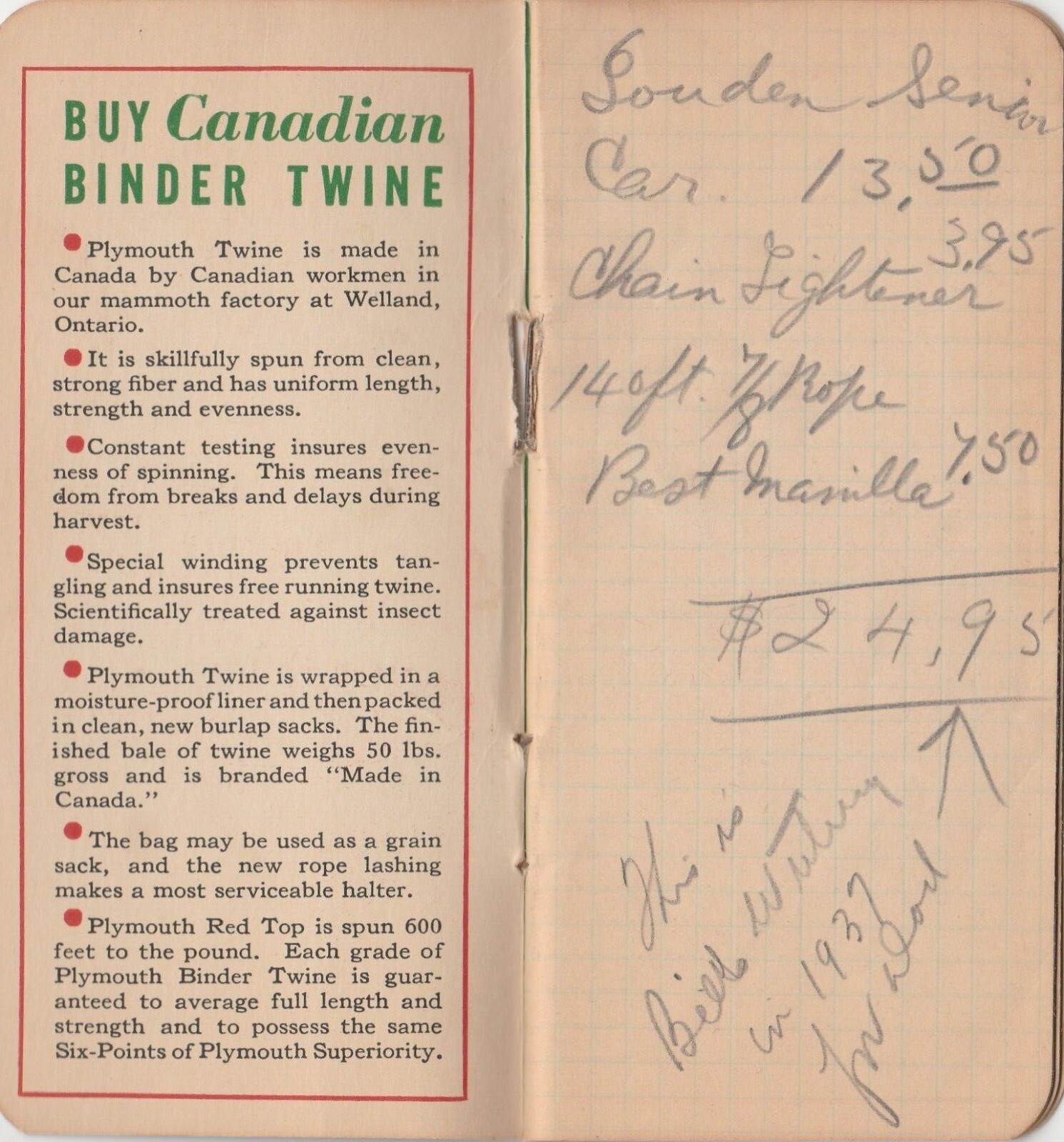 Plymouth Rope/Twine 1937-38 Calendar Booklet Plymouth Cordage Welland Ontario