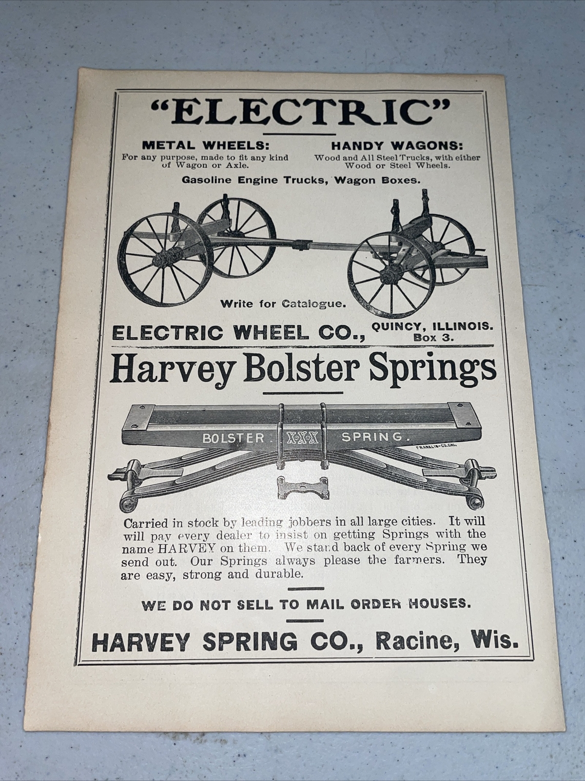 ORIGINAL 1907 Electric Wheel / Harvey Spring Farm Advertising – Quincey – Racine