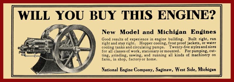 1908 National Engine Company NEW Metal Sign: Gas Engines – Saginaw, Michigan