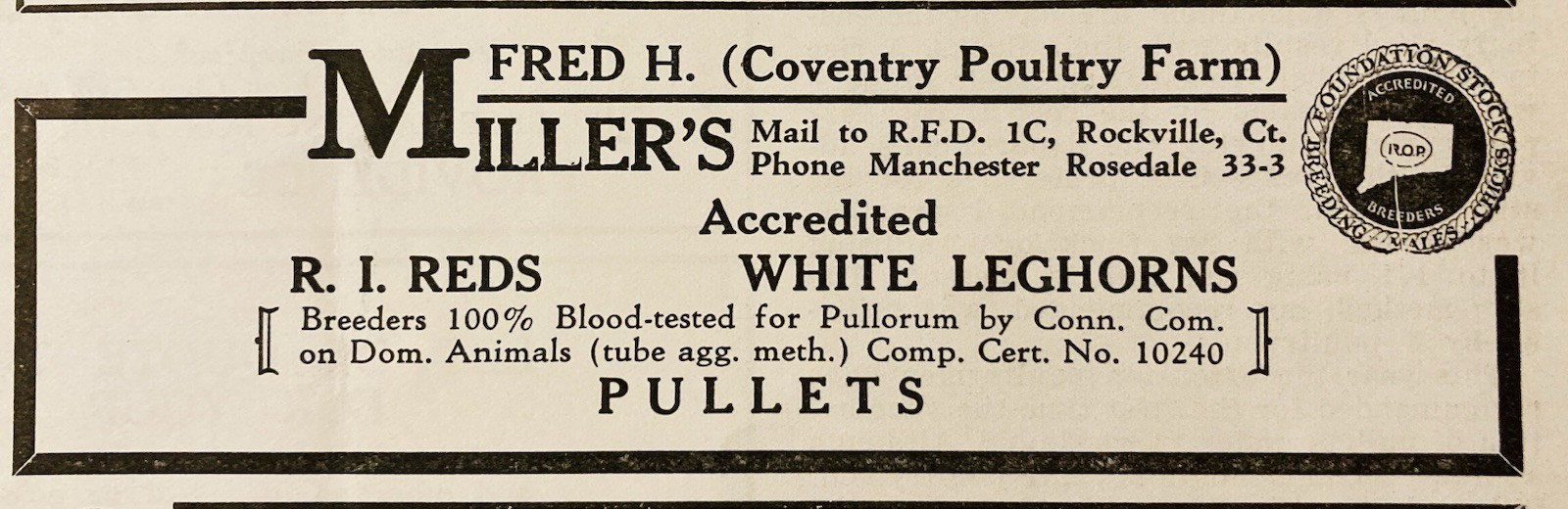 1934 AD.(XH82)~FRED H. MILLER’S COVENTRY POULTRY FARM, CONN. R.I. REDS & LEGHORN