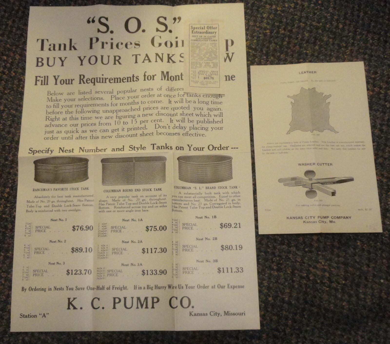 c1910 S. O. S. farm Stock Tanks ad flyer – K C Pump Co Kansas City Missouri