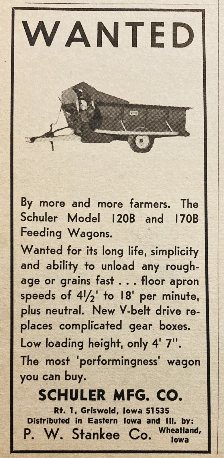 1969 AD.(XH79)~SCHULER MFG. CO. GRISWOLD, IOWA. SCHULER 120B FEEDING WAGONS