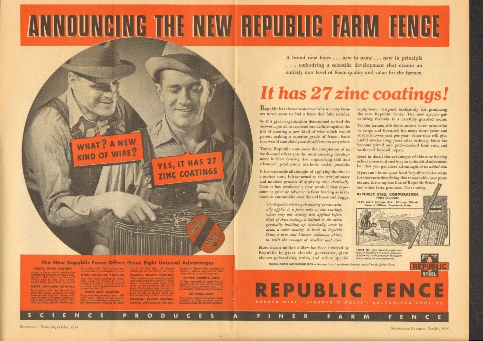 1936 2 Page Print Ad of Republic Steel Farm Fence