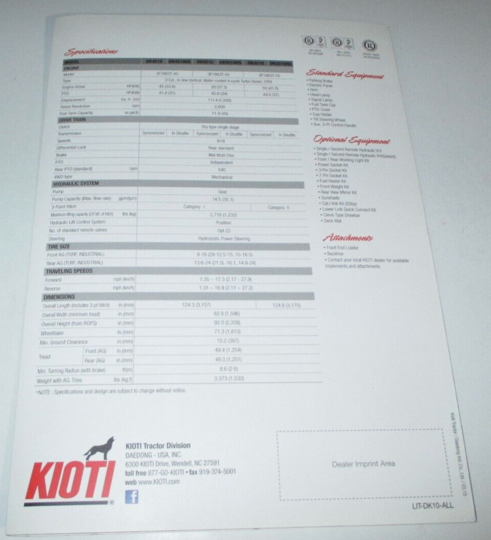 *Kioti DK Series Tractor Sales Brochure Model DK4510 DK5010 DK5510 S/HS OEM 3/15