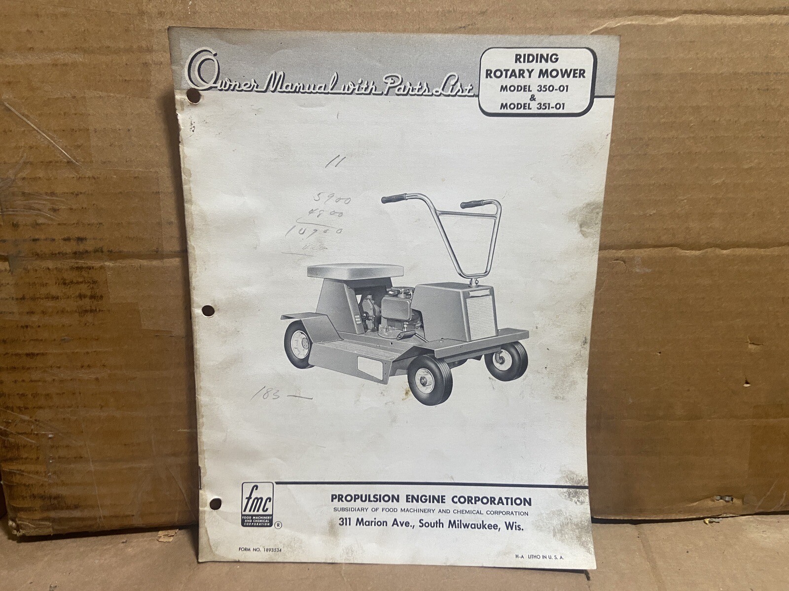 Propulsion Engine Corp. Model 350-01 Riding Mower — Owners Manual w/ Parts List