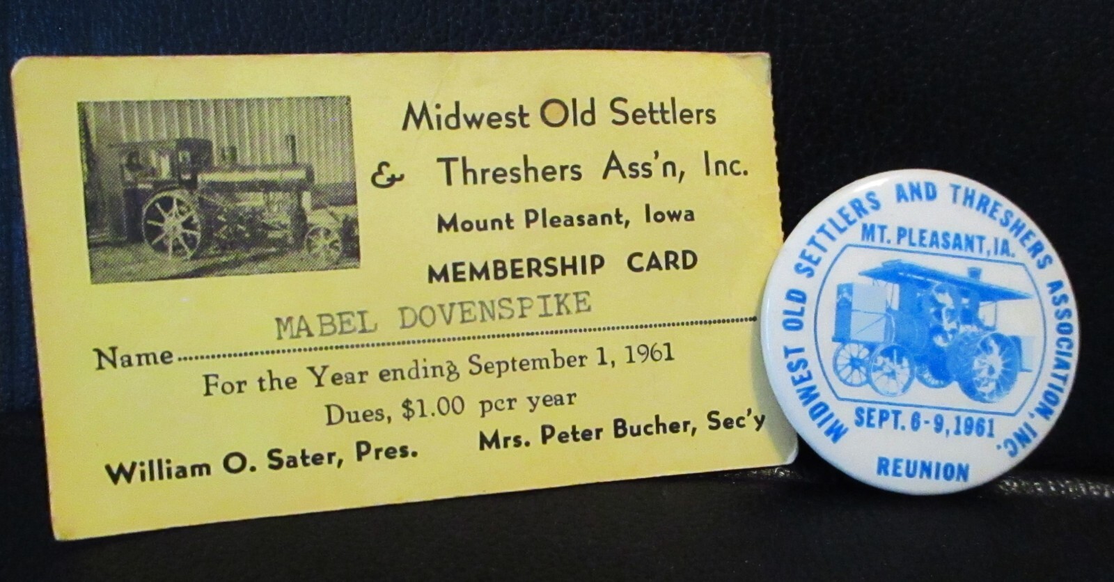 Midwest Old Settlers Threshers Mt Pleasant Iowa IA 1961 Membership Card & Button