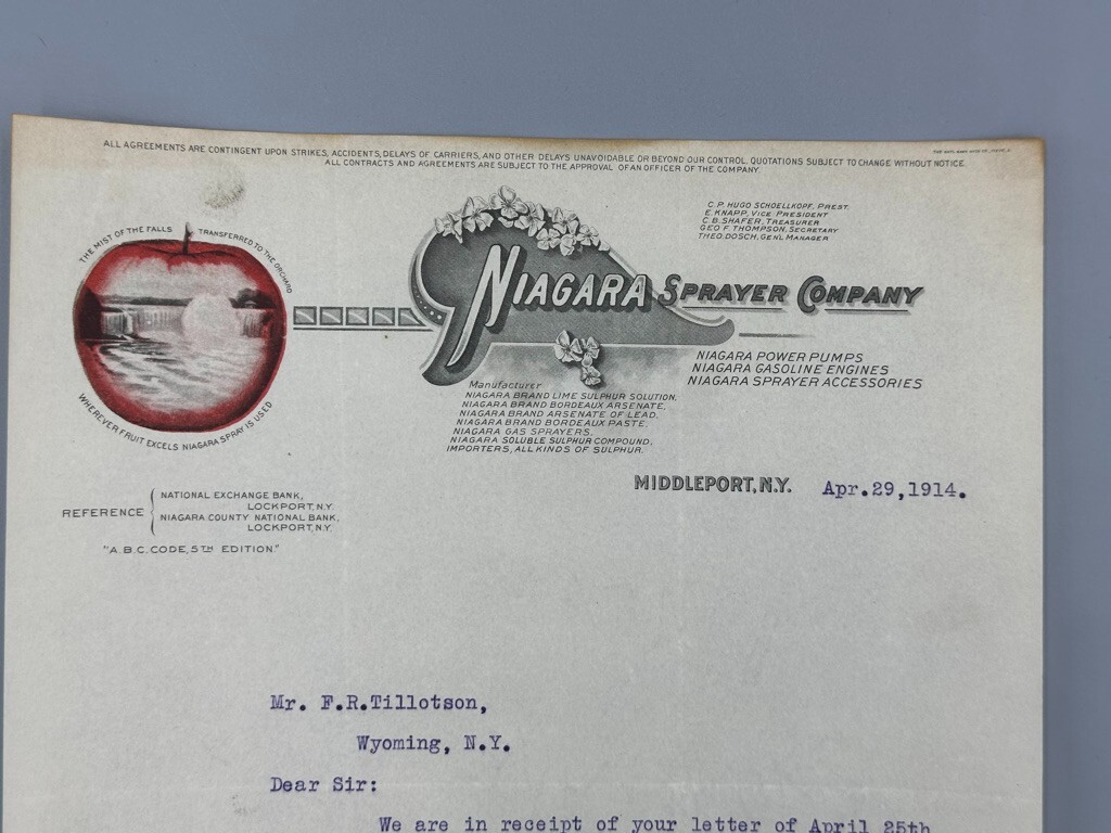 1914 NIAGARA Sprayer Co APPLE Advertising FARM Letter MIDDLEPORT NY Antique