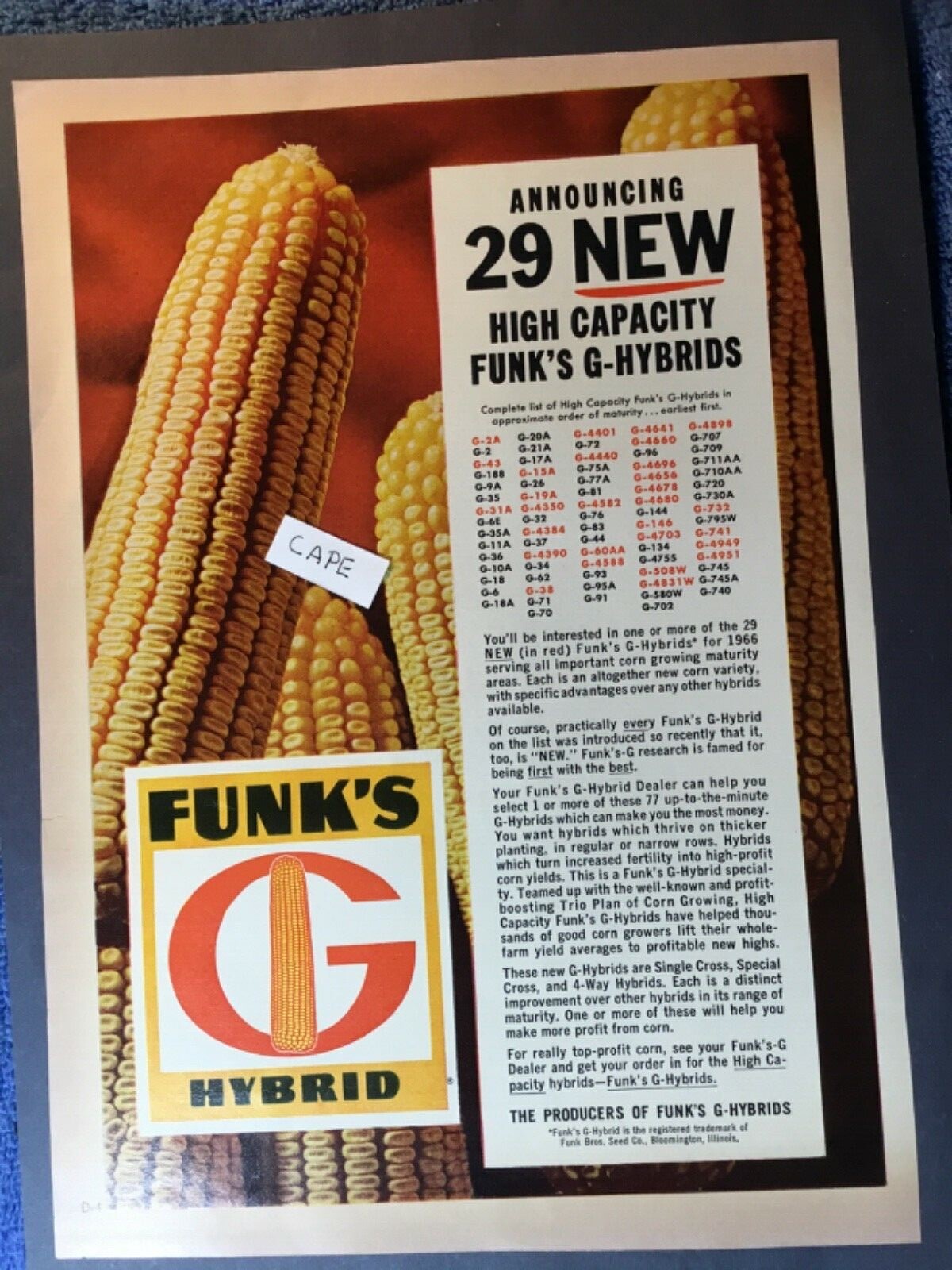 1965 Ad. Funk’s G Hybrid. Funk Bros. Seed Co. Bloomington, Illinois