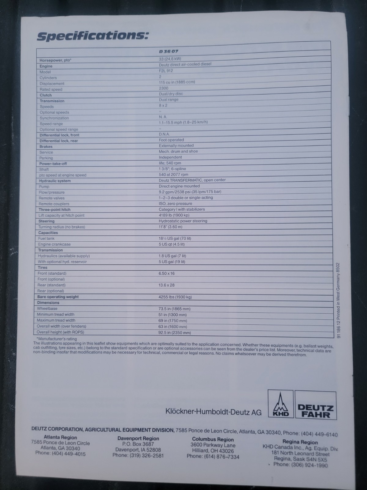 Rare DEUTZ-FAHR D 36 07 Series Farm Tractor Agriculture Sales Brochure German