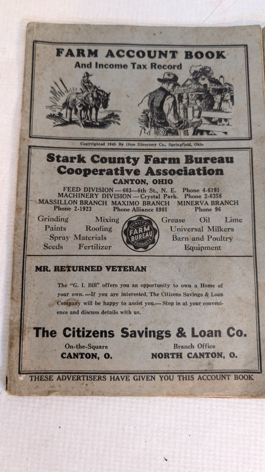 Lot 2 VTG Farm Account Book & Tax Record Springfield Oh Advertising 1940 & 45