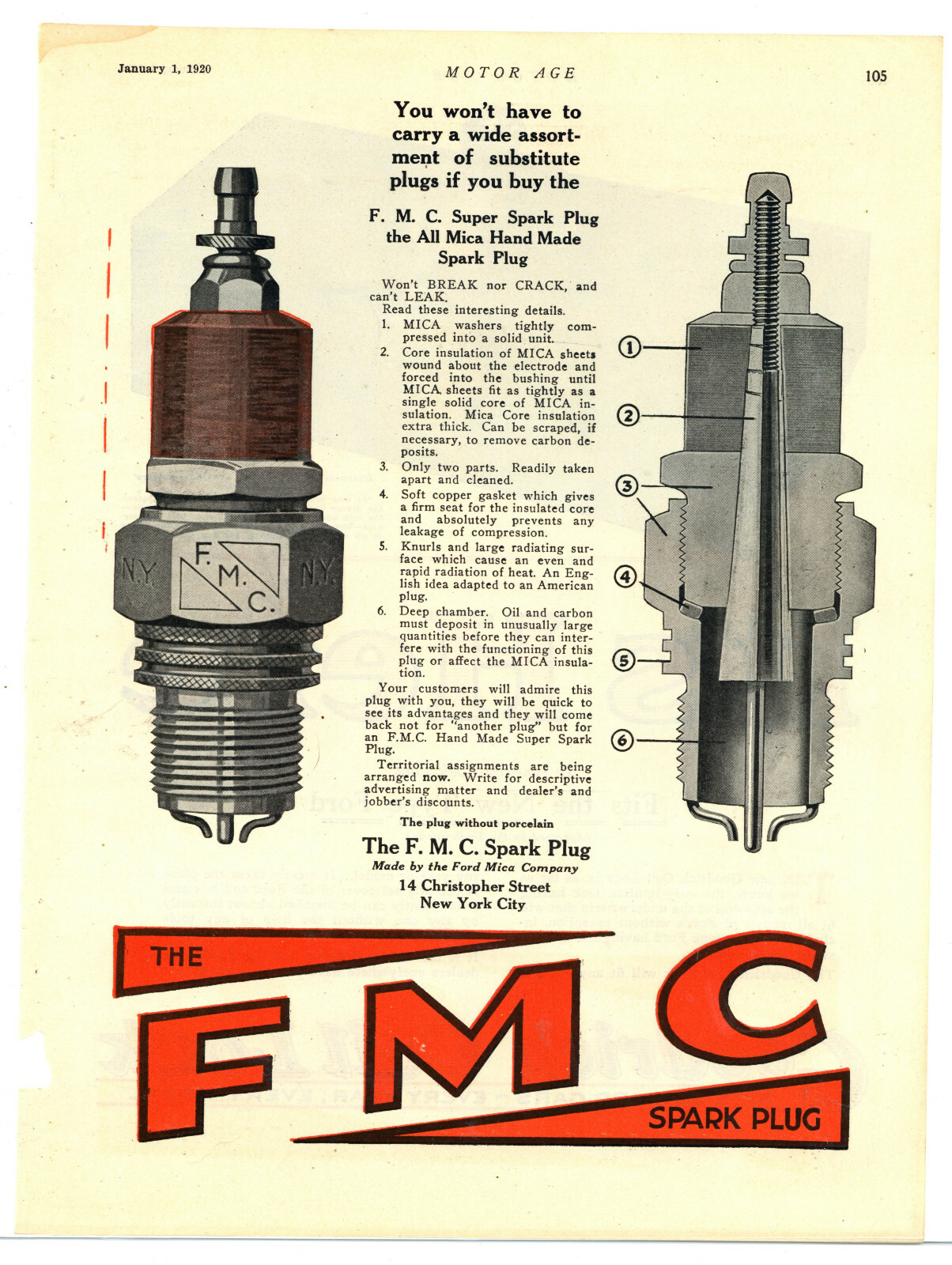 1920 F.M.C. Spark Plugs Advertisement: Ford Mica Co. – New York City