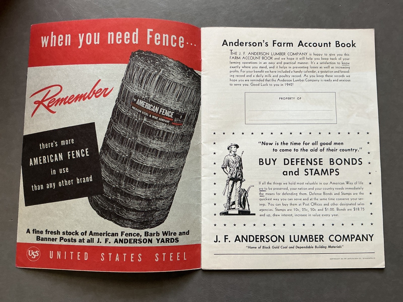 1942 Farm Acct. Record Book – J. F. Anderson Lumber Co. Minnesota, Iowa, Dakotas