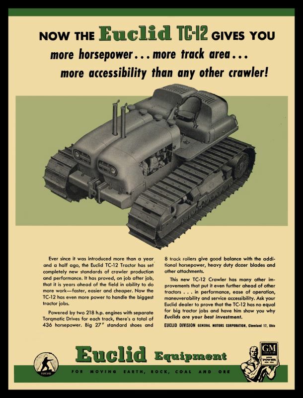 1957 Euclid Equipment New Metal Sign: TC-12 Twin Engine Crawler Tractor Pictured