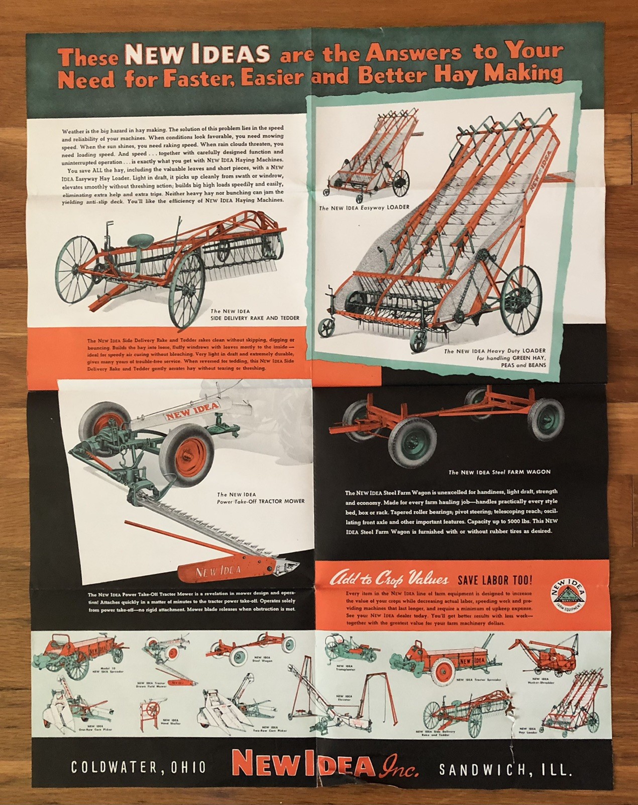 Vintage NEW IDEA Farm Tractor Hay Loader Mower Advertising Brochure Poster