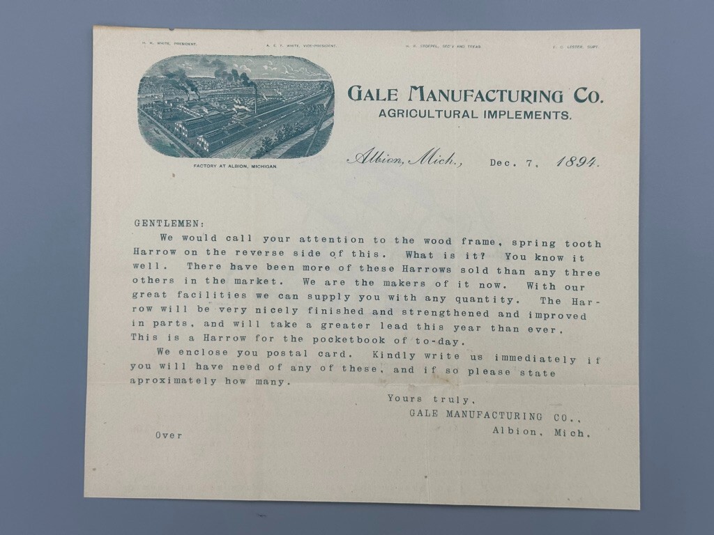 1894 GALE Mfg AGRICULTURAL Michigan ALBION Farm Machinery Advertising Letterhead
