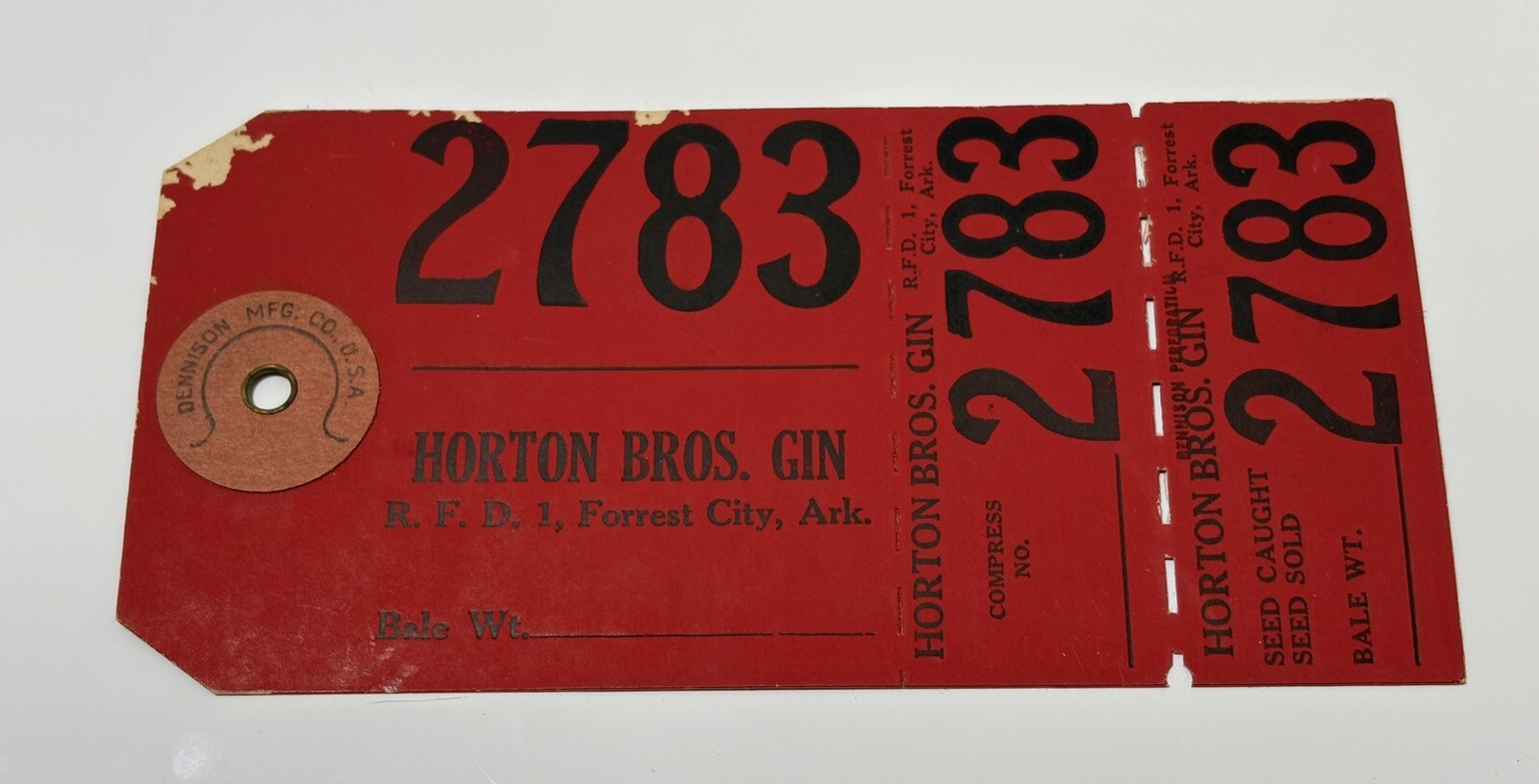 Vintage 1950s HORTON BROS GIN – Forrest City Arkansas – Cotton Gin Tag